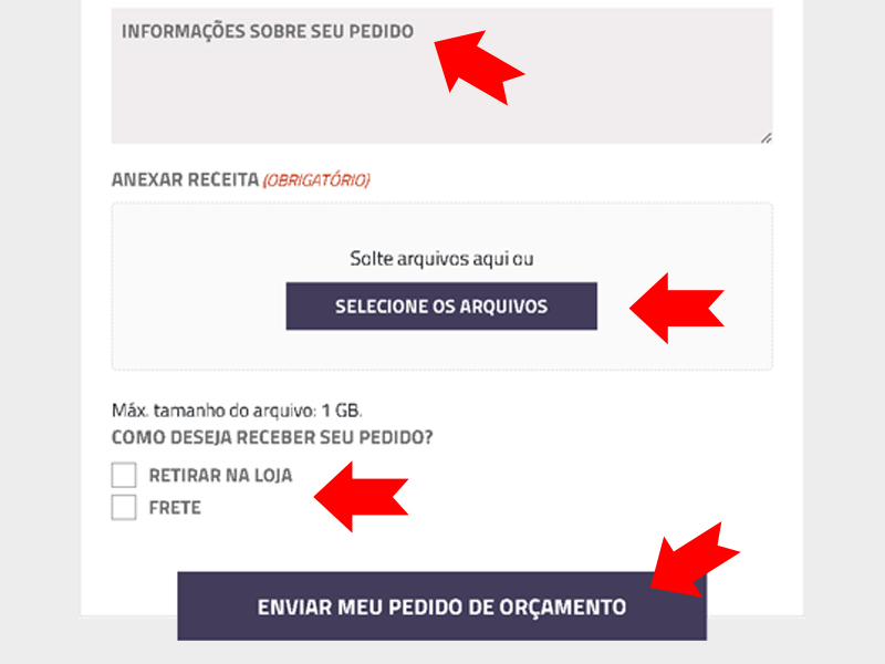 Passo 2 - Informar pedido, anexar receita e solicitar orçamento.